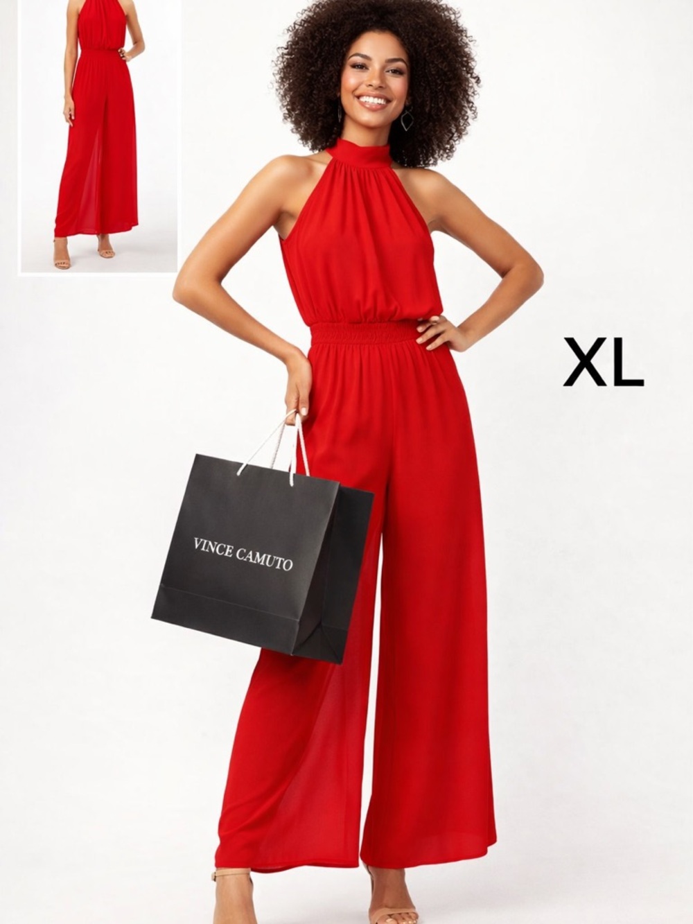 Vince Camuto Red Halter Smocked-Waist Wide-Leg Jumpsuit